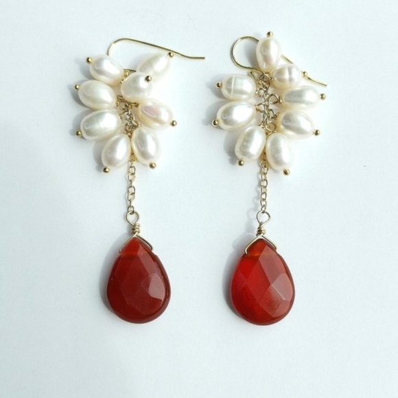 Host PICK New white freshwater pearl carnelian dangle earrings - Picture 1 of 5